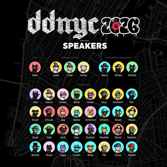 Promotional graphic for 'ddnyc 2026' Official Speakers, featuring pixel-art avatars organized into MC (Web), Moderators (Leah, Chai, Artsy), Featured Speakers (Bark, Shibo, Shield), and numerous Panelists.