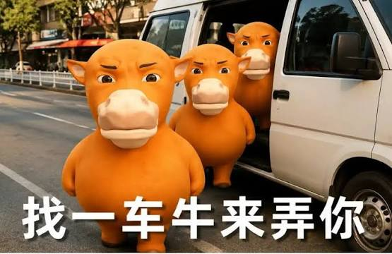 Three CGI cartoon cows with orange-brown coloring stand menacingly in front of an open white van on a city street, with Chinese text '找一车牛来弄你' overlaid at the bottom.