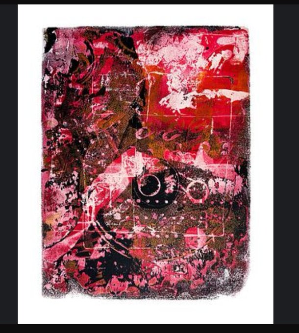 "Capillary friction" by Fabrizio Bralrez, an abstract mixed-media artwork dominated by layered reds, pinks, and blacks, featuring textured splashes and faint geometric lines, displayed as the newly acquired piece for the @0xMQQ collection on @objktcom.