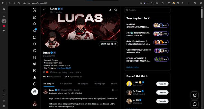 A screenshot of an X (formerly Twitter) profile page for 'Lucas' (@lucasng990) showing follower count of 115K, with Vietnamese content about a viral animation wallet portadollar.