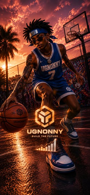 A basketball player wearing a blue "UGNONNY 7" jersey dribbles on an outdoor court at sunset, with "UGNONNY - BUILD THE FUTURE" logo displayed.