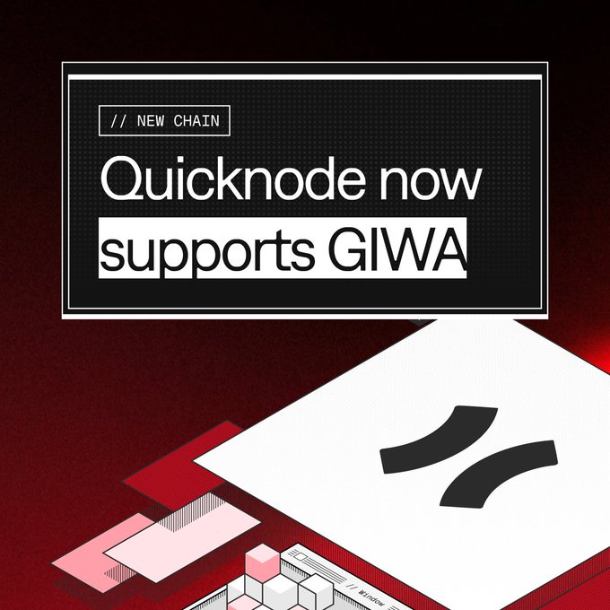 A Quicknode promotional graphic announcing new chain support, featuring the bold text "Quicknode now supports GIWA" alongside the Quicknode logo against a red and black background. The image directly corresponds to the announcement about GIWA Testnet going live on Quicknode, marking Upbit's Ethereum L2 as a newly supported blockchain for builders.