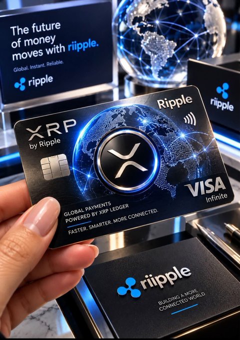A hand holding a Ripple XRP Visa Infinite credit card in front of promotional displays reading 'The future of money moves with ripple.'