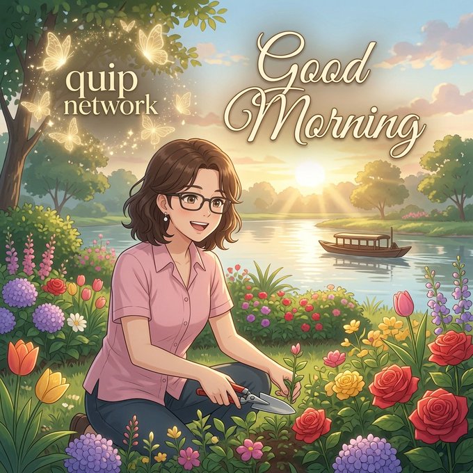 An anime-style illustration shows a smiling woman with glasses gardening among flowers by a river at sunset, with text 'quip network' and 'Good Morning'.