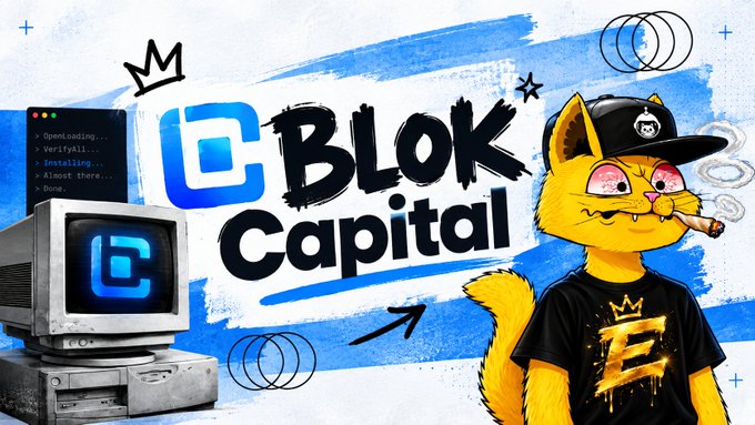 A promotional graphic featuring the text 'BLOK Capital' with a computer terminal window showing 'Operating, Verifying, Installing, Almost there, Done', an old computer monitor displaying a logo, and an orange cat character wearing a black cap and shirt with a stylized 'E' logo.