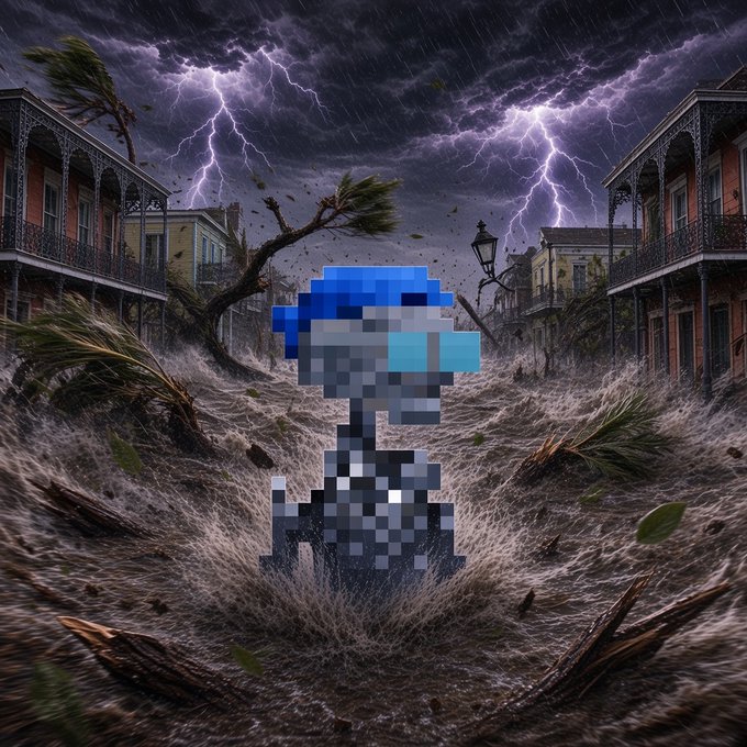A pixel art character with a blue hat and sunglasses stands amid splashing water in a stormy New Orleans-style street scene with lightning in the sky.