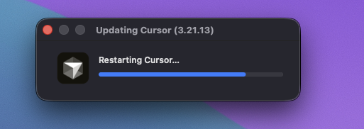 A macOS update window shows "Updating Cursor (3.21.13)" with a progress bar and the message "Restarting Cursor..." on a purple gradient background.