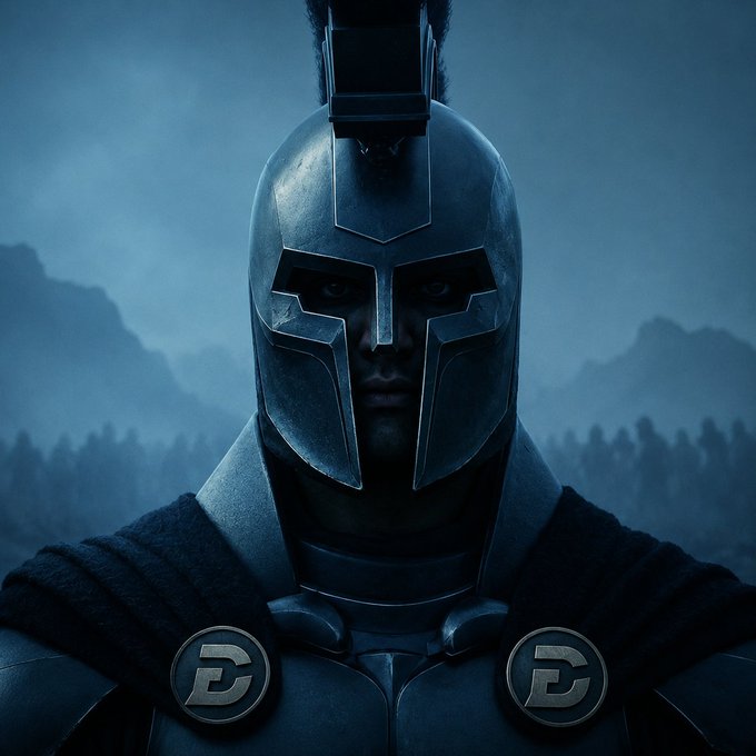 A Spartan warrior in full battle armor stands stoically before a misty battlefield, evoking discipline and unwavering readiness. The image visually reinforces the post's message of resilience, depicting strength and focus as markets challenge the weak, while the warrior remains steadfast.