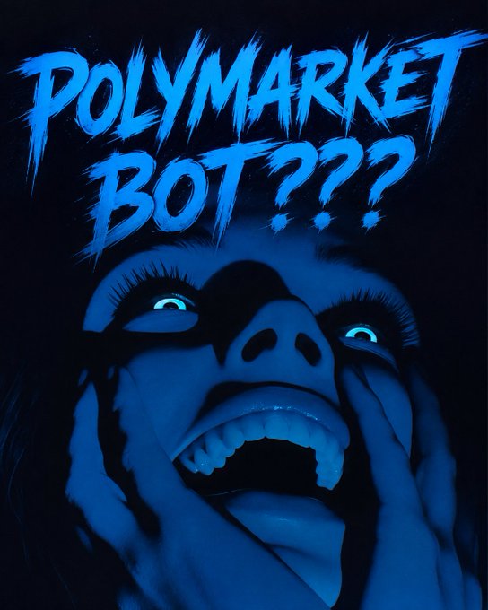 A terrified face is bathed in blue light beneath the jagged text "POLYMARKET BOT???", dramatizing the post's anxious journey of building and testing an algorithmic trading bot. The image visually captures the suspense and emotional rollercoaster of the 8-month development process, contrasting the fear of failure with the claimed $60k+ profit success.