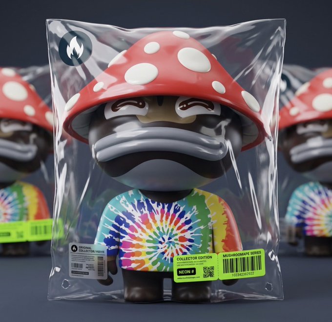 A collectible figure of a character with a red and white spotted mushroom hat and tie-dye shirt is packaged in a clear plastic bag labeled 'NEON #' and 'COLLECTOR EDITION'.