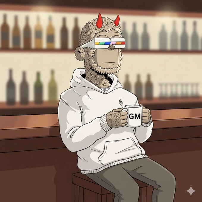 An illustrated cartoon character resembling a furry humanoid with red devil horns and matching colored glasses, sitting at a bar holding a mug labeled "GM."