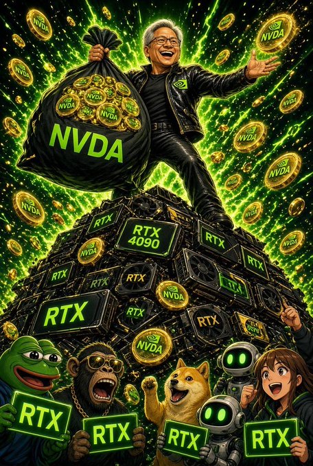 A stylized, AI-generated illustration shows a man standing triumphantly atop a massive pile of RTX 4090 graphics cards, holding a large sack overflowing with coins labeled 'NVDA', with cartoon mascots holding 'RTX' signs at the bottom against a glowing green background.