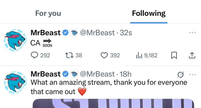 A screenshot of MrBeast’s Twitter “Following” feed shows two posts: “CA → SOON” posted 32 seconds ago and “What an amazing stream, thank you for everyone that came out ❤️” from 18 hours ago. It likely serves as context for the deleted post promoting “Coin $BEAST” and its presale.
