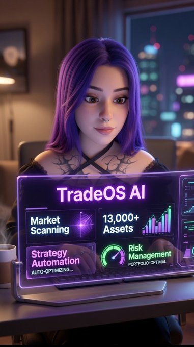 A purple-haired woman looking at a holographic dashboard labeled 'TradeOS AI' displaying features like 'Market Scanning', 'Strategy Automation', '13,000+ Assets', and 'Risk Management' with neon charts.