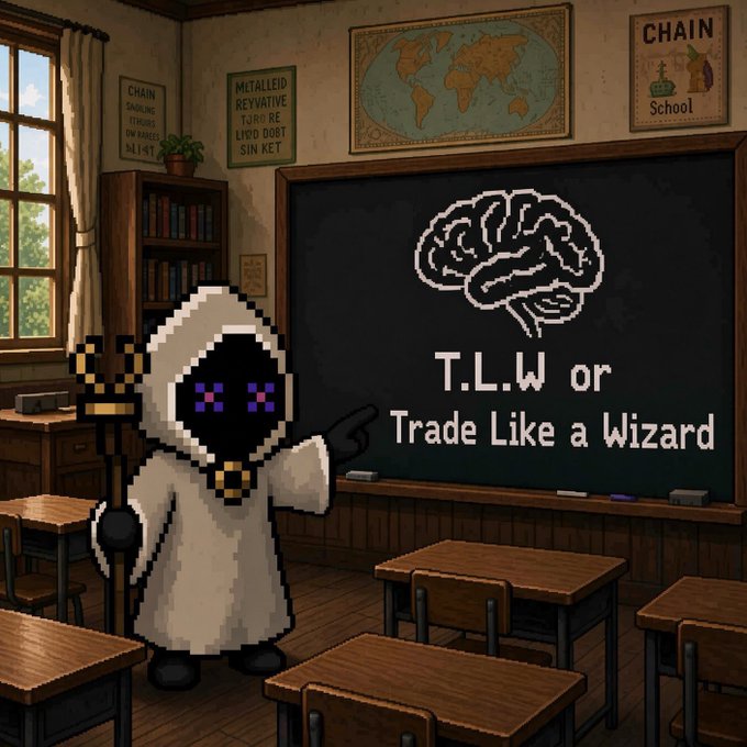 A pixel-art hooded wizard character in a classroom pointing at a chalkboard reading 'T.L.W or Trade Like a Wizard' next to a brain illustration.