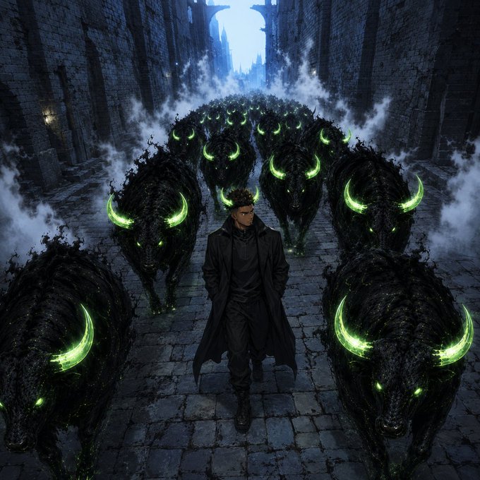 A dark-clothed man walks through a stone corridor surrounded by many shadowy, smoke-like buffalo creatures with glowing green horns and eyes.