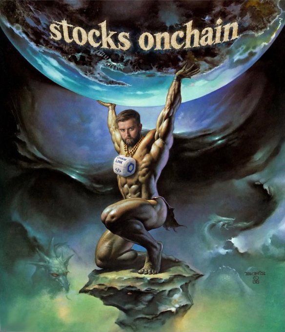 A fantasy-style illustration of a muscular man holding up Earth with the text 'stocks onchain' at the top, wearing dice labeled '0nchain' as a necklace.