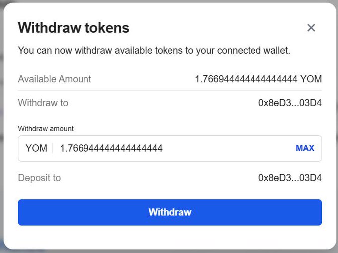 A withdrawal modal for the YOM token airdrop showing only 1.766944444444444444 YOM available to claim, despite the user being allocated 60 YOM tokens, illustrating the disappointing airdrop claim experience described in the post.
