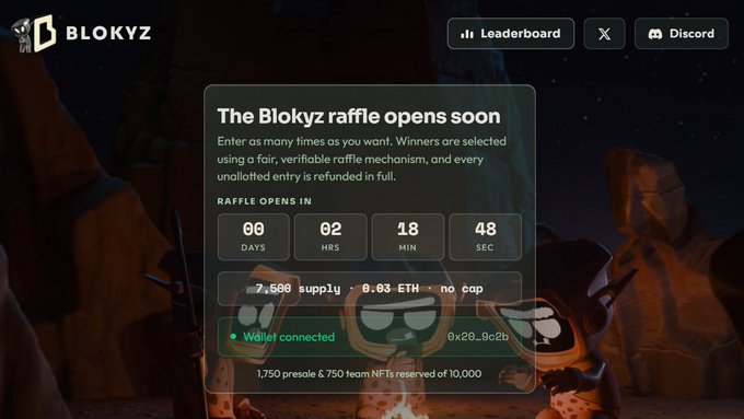 A Blokyz raffle webpage announcing 'The Blokyz raffle opens soon' with a countdown of 00 days, 02 hours, 18 min, 48 sec, showing 7,598 supply at 0.03 ETH with no cap, and a connected wallet.