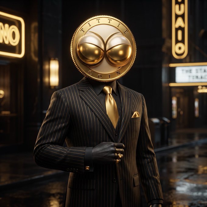 A digital artwork of a figure in a black pinstripe suit and gold tie, with a large gold coin labeled 'TITTLE COIN' for a head, standing in a dark, neon-lit city street.