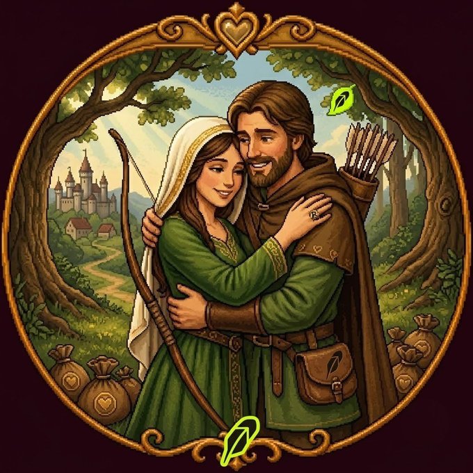 A knight with a bow embraces a woman in a green dress within a forest setting, framed by a decorative golden border with a heart motif, accompanied by sacks and a distant castle. The post describes this as "Marian," Robin Hood's wife and the first thematic meme on the Robin Hood Chain, symbolizing her role as a witness to the chain's growth milestones from 1B to 1000B.