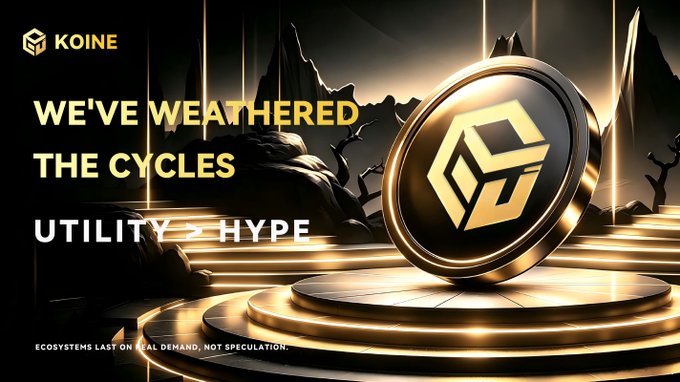 A promotional graphic for KOINE featuring a large gold coin with a cube logo on a circular platform, accompanied by the text 'WE'VE WEATHERED THE CYCLES UTILITY > HYPE' and 'ECOSYSTEMS LAST ON REAL DEMAND, NOT SPECULATION.'