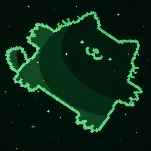 A pixel art illustration of a cute green cat-shaped constellation with a small smile, set against a dark starry night sky background.