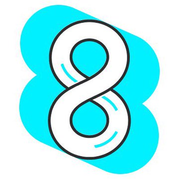 A stylized graphic of the number '8' in white with a black outline, set against a cyan abstract splash background.