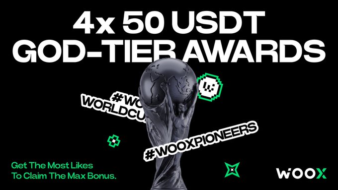 The image features a black background with white text that reads "4x 50 USDT God-tier Awards" at the top, followed by a description of four awards for the most popular posts on the Pitch-Side Cheering contest. The text also mentions that the rewards are completely locked and loaded for the most popular entries in the contest.