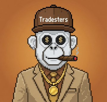 Pixel art illustration of a monkey character wearing a brown hat labeled "Tradesters," dollar sign eyes, a gold chain with a medallion, and smoking a cigar.