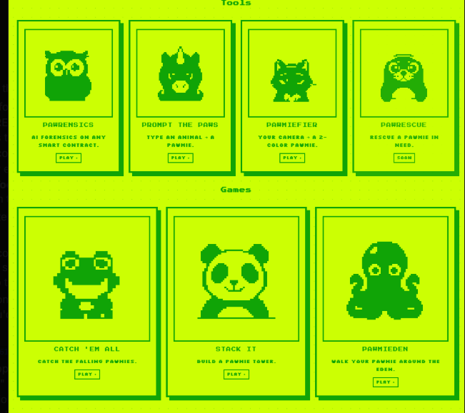 A green-themed digital interface for 'Pawmies' featuring Tools (Pawnomics, Prompt the Paws, Pawmiefier, Pawnescue) and Games (Catch 'Em All, Stack It, Pawmieden) with pixel-art animal icons.