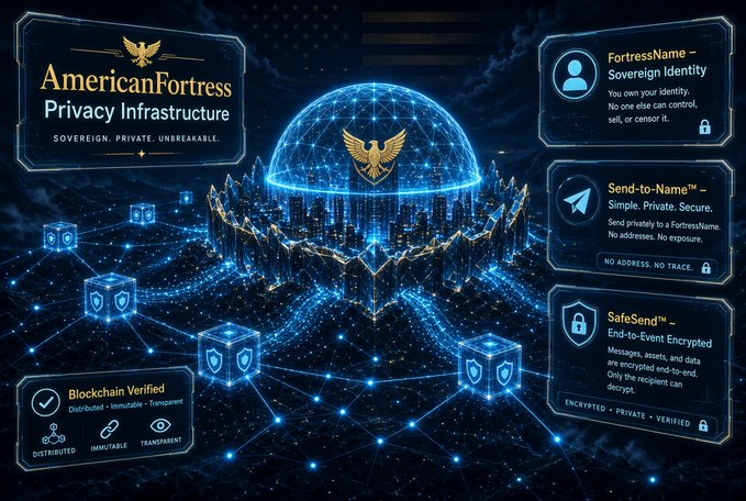 An 'AmericanFortress Privacy Infrastructure' promotional graphic highlighting Sovereign Identity features like FortressName, Send-to-Name, and SafeSend.