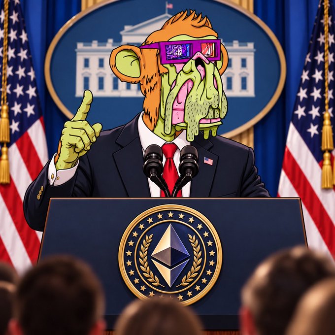 An AI-generated satirical image of a grotesque cartoon ape-like creature wearing pink sunglasses and a suit, standing at a podium with the White House seal and an Ethereum logo, with American flags in the background.