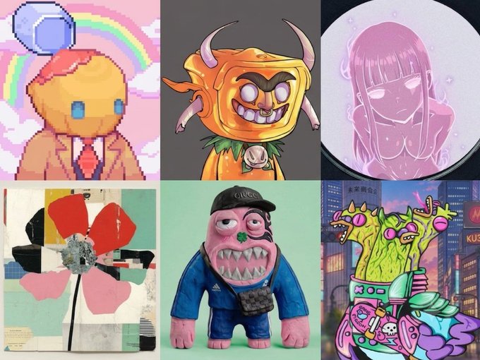 The user wants a concise caption describing the image.
The image is a grid of 6 different artworks.
I need to look for text within the image itself to include in the caption, as requested ("Include any key text, numbers, tickers or names visible").

**Grid Analysis:**
1.  **Top Left:** Pixel art character with a rainbow and a blue gem/block above its head. No readable text.
2.  **Top Middle:** Orange monster character with horns. No readable text.
3.  **Top Right:** Pink anime-style girl in a circle. No readable text.
4.  **Bottom Left:** Collage art with a red flower-like shape. No readable text.
5.  **Bottom Middle:** Pink character wearing a black cap. The cap says "GUCCI". The blue jacket has an Adidas logo (three stripes) and text "adidas" near the bottom.
6.  **Bottom Right:** Green monsters on a vehicle in