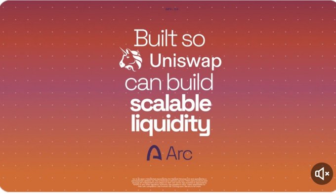 Promotional graphic with an orange gradient background reading 'Built so Uniswap can build scalable liquidity' featuring the Uniswap unicorn logo and the Arc logo.