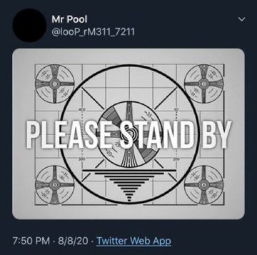 Twitter screenshot from user @100P_rM311_7211 with the display name 'Mr Pool', featuring a vintage TV test pattern image with the text 'PLEASE STAND BY', posted at 7:50 PM on 8/8/20.