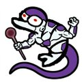 A cartoon purple and white character holding a microphone, appearing to perform or sing.