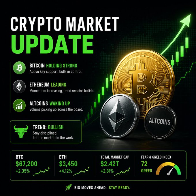 Crypto market update graphic showing bullish trends with Bitcoin at $67,200 (+2.35%), Ethereum at $3,450 (+4.12%), Total Market Cap $2.42T (+2.81%), and Fear & Greed Index at 72 (Greed), featuring Bitcoin and Ethereum coins with rising green charts.