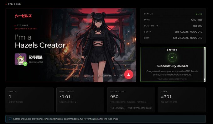 A "GTD CARD" dashboard confirming successful entry into a "GTD Race" with status "LIVE," featuring anime-style artwork and showing a rank of #301 and Total YORAI of 950.