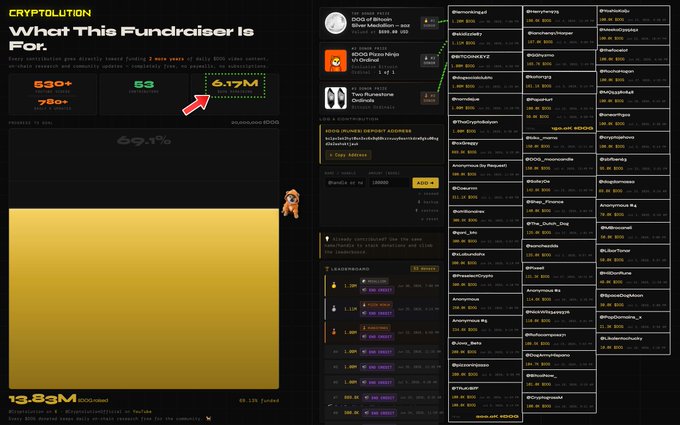 A dark-themed dashboard titled "CRYPTOLUTION - What This Fundraiser Is For" displays contributor statistics (530+ donors, 53 Days Left, 6.7M DOGS raised) alongside a leaderboard listing top contributors and their DOGS token donations.
