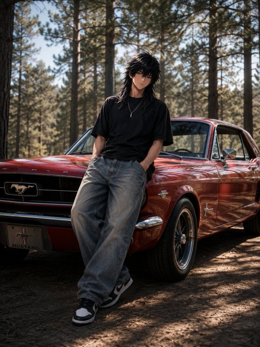An anime-style character with dark hair and a black t-shirt leans against a red classic Ford Mustang in a pine forest.