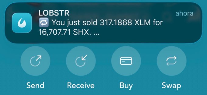 A LOBSTR mobile wallet notification confirms a transaction in which 317.1868 XLM was sold for 16,707.71 SHX, matching the post's "+ 16.707 $SHX" gain, displayed above the app's Send, Receive, Buy, and Swap options.