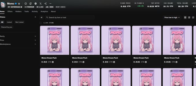 The image shows a NFT marketplace (Blur) displaying multiple "Momo Dream Pack" listings from the Momo collection, all priced at 0.018 ETH. The trading context relates to the poster's recent profit on these Momo NFTs, as they reflect on a successful prediction and ask for their next trade target.