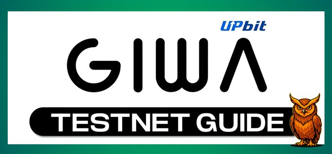 A graphic for UPbit displaying the text 'GIWA TESTNET GUIDE' with an illustration of an orange owl on the right.