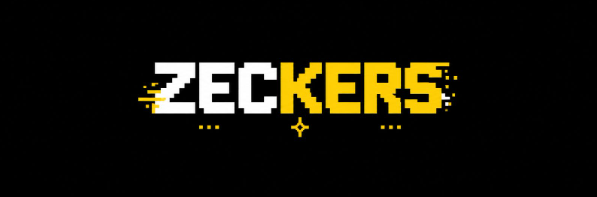 A pixel-art style logo displays the word 'ZECKERS' in white and yellow block letters on a black background with small decorative dots.