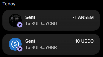 A mobile crypto wallet 'Today' activity screen showing two sent transactions: -1 ANSEM and -10 USDC, both to address BUL9...YGNR.