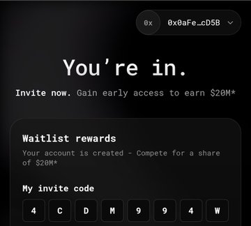 The image shows a "You're in" waitlist confirmation screen for c8ntinuum Season 0, displaying an invite code (4CDM994W) and noting that completing tasks earns a share of $20M in rewards. This aligns with the post highlighting the live quests and social checklist tasks required to participate in the season.