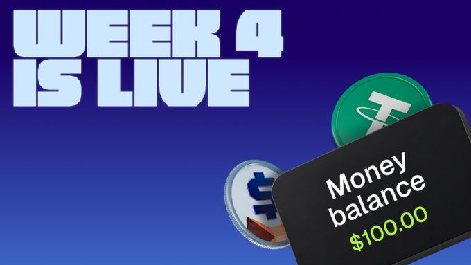 The image promotes "WEEK 4 IS LIVE" with a graphic showing a money balance of $100.00 next to Tether (USDT) coins, visually reinforcing the $2,500 mUSD prize opportunity mentioned in the caption.