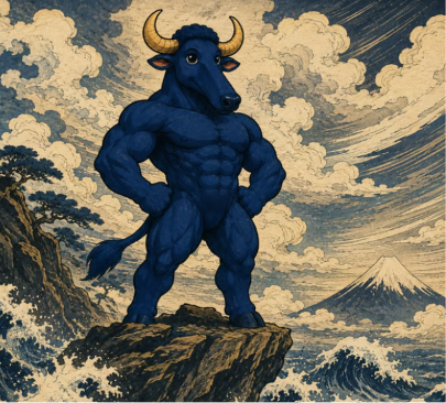 A stylized illustration in Japanese ukiyo-e style depicting a muscular blue minotaur-like creature standing on a rocky cliff with Mt. Fuji and ocean waves in the background.