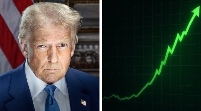 Donald Trump is pictured next to a green upward trending stock chart, symbolizing the Michigan's State Retirement Fund's $7.5 million Bitcoin investment and its potential growth.